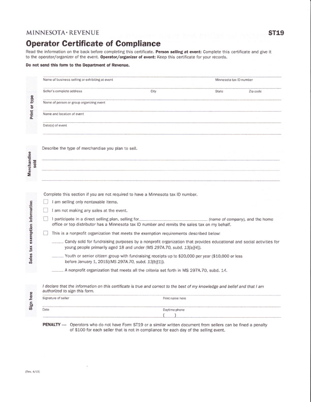 Form ST-19 Operator Certificate of Compliance